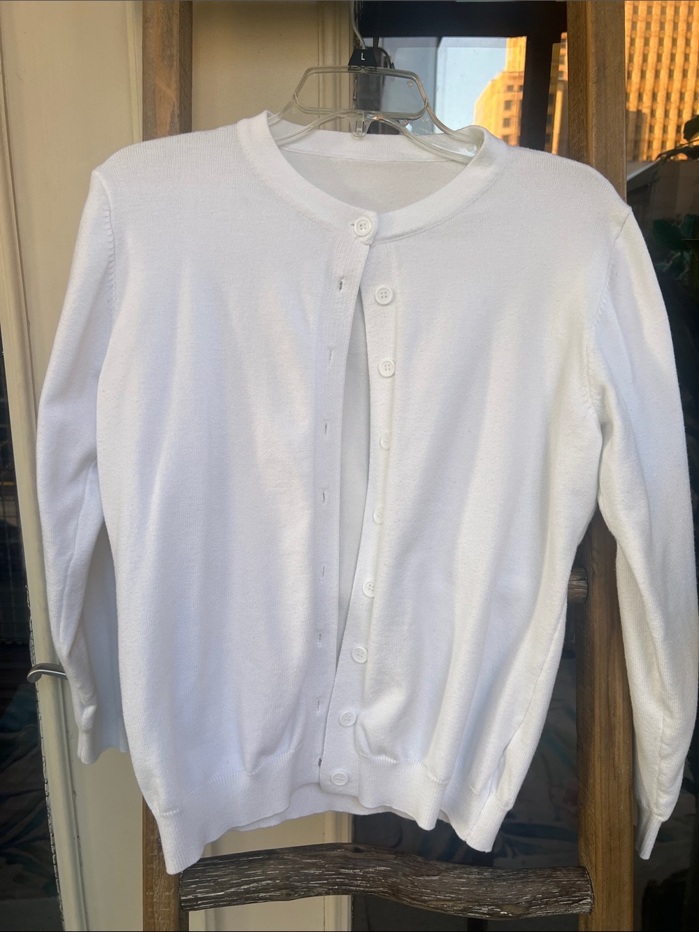 Women's White Button-Up Crewneck Cardigan